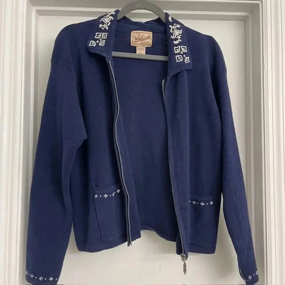 VTG Woolrich Full Zip Cardigan Navy Embroidered Sz M Cottagecore Grandma - Picture 2 of 8